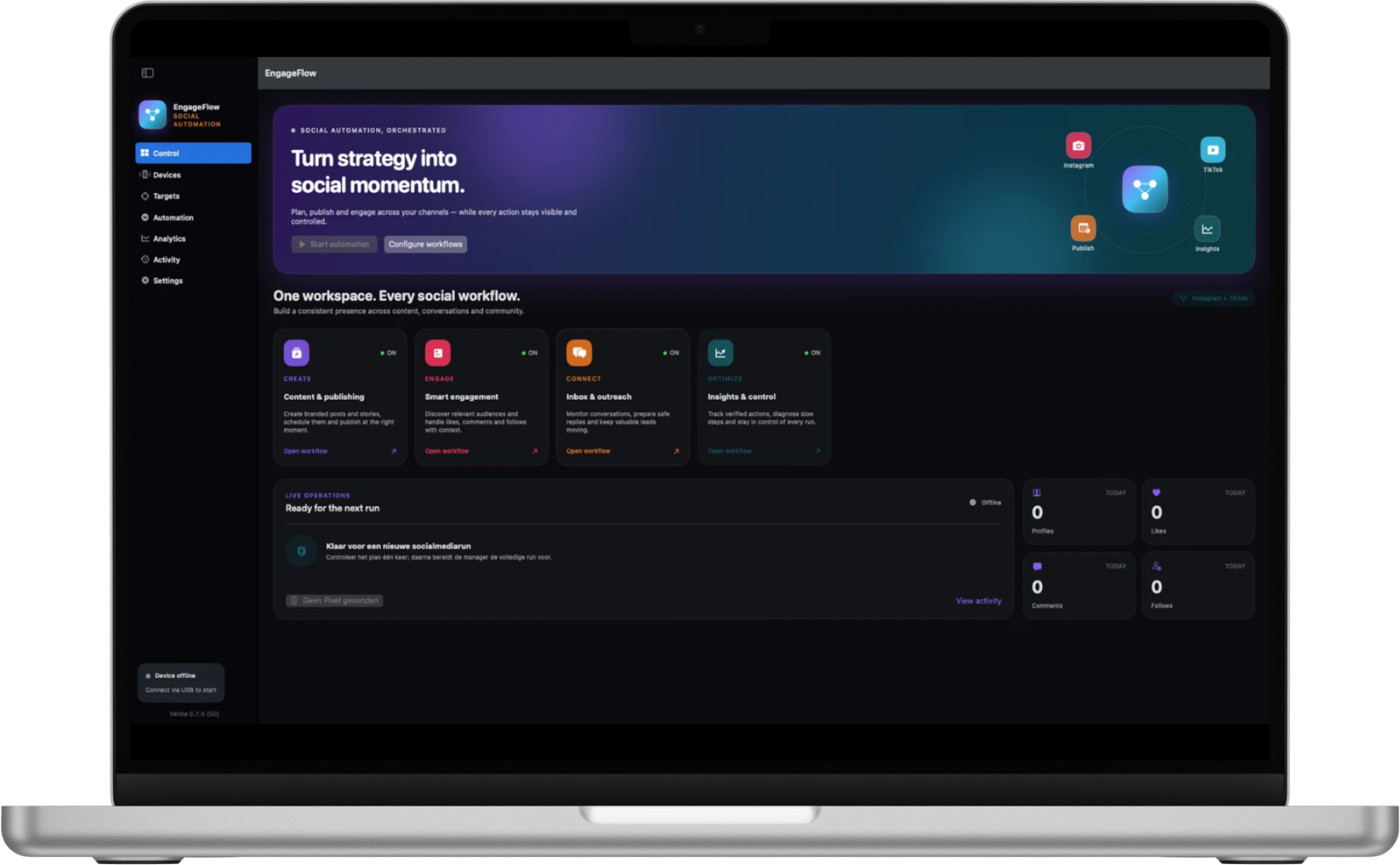 EngageFlow social automation op een MacBook
